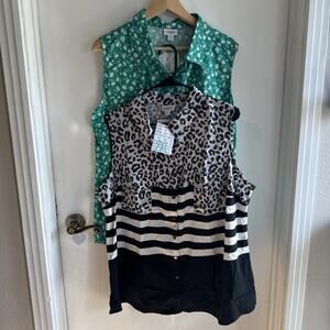 TWO LuLaRoe Size 2XL Roxanne Sleeveless Shirt NWT Animal Stripe + Green Floral